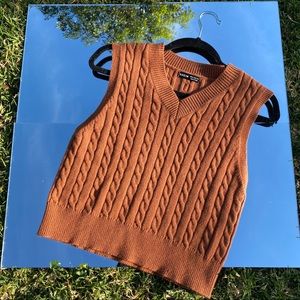 Brown Cable Knit V-Neck Sweater Vest